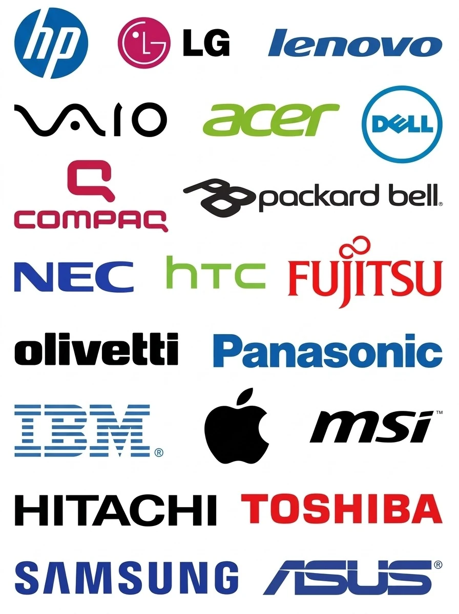 HP, Lenovo, Acer, Dell, Apple, MSI, Toshiba, Samsung ve ASUS dahil bilgisayar markalarının logoları