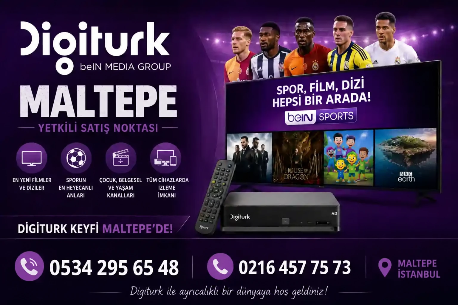 Digiturk Maltepe İstanbul abonelik noktası; iletişim: 0534 295 65 48 ve 0216 457 75 73